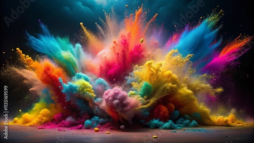 Stunning Conceptual Photography of Vibrant Colored Powders Colliding in Dramatic Splashes, Capturing the Dynamic Motion and Energy of Color Interaction