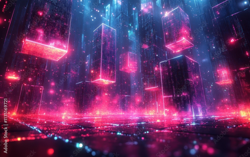 Futuristic Neon Cityscape Pink and Blue Digital Cubes Floating in a Glowing Metropolis, Abstract Background Futuristic Neon Cityscape Pink and Blue Digital Cubes Floating in a Glowing Metropolis, Abstract Background