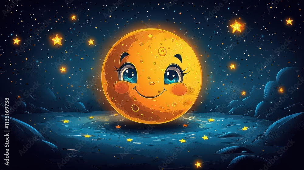 Adorable Cartoon Moon with Big Eyes Smiling Amidst Sparkling Stars and Dark Blue Night Sky - Celestial Illustration for Children's Book, Card, or Wallpaper Adorable Cartoon Moon with Big Eyes Smiling Amidst Sparkling Stars and Dark Blue Night Sky - Celestial Illustration for Children's Book, Card, or Wallpaper