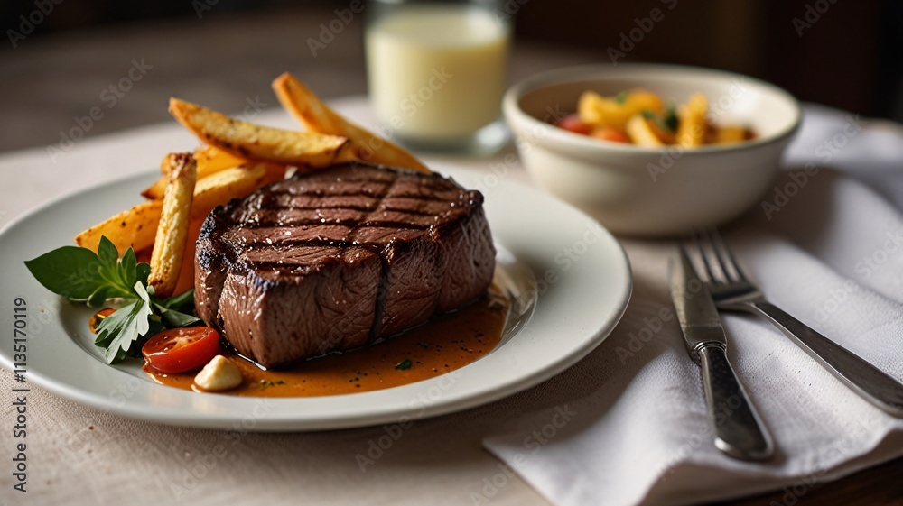 Gourmet Steak Dinner with Grilled Vegetables and French Fries V6 Gourmet Steak Dinner with Grilled Vegetables and French Fries V6