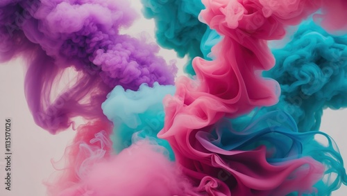Colorful smoke swirls in shades of purple, pink, and turquoise creating a dynamic, abstract visual ideal for creative projects and backgrounds.