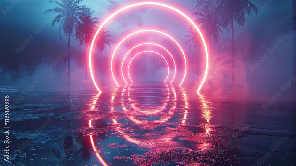 A serene scene featuring glowing neon circles reflected in water, surrounded by palm trees. A serene scene featuring glowing neon circles reflected in water, surrounded by palm trees.