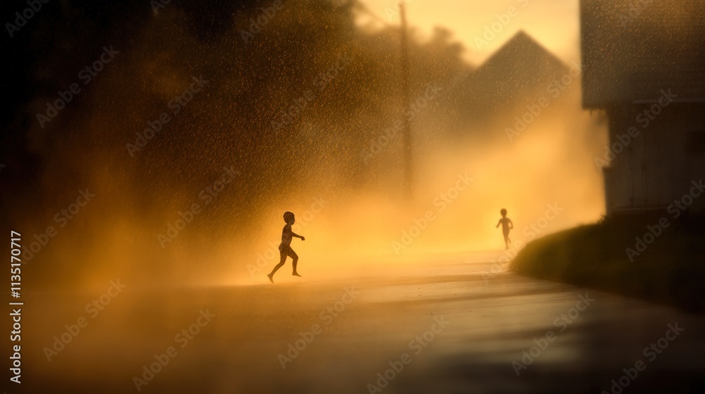 Two children joyfully run through a misty scene at sunset, creating a nostalgic and carefree atmosphere, This image can be used for themes related to childhood, play, and summer emotions, Two children joyfully run through a misty scene at sunset, creating a nostalgic and carefree atmosphere, This image can be used for themes related to childhood, play, and summer emotions,