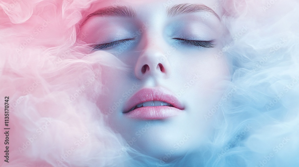 Serene woman's face surrounded by pastel smoke. Serene woman's face surrounded by pastel smoke.