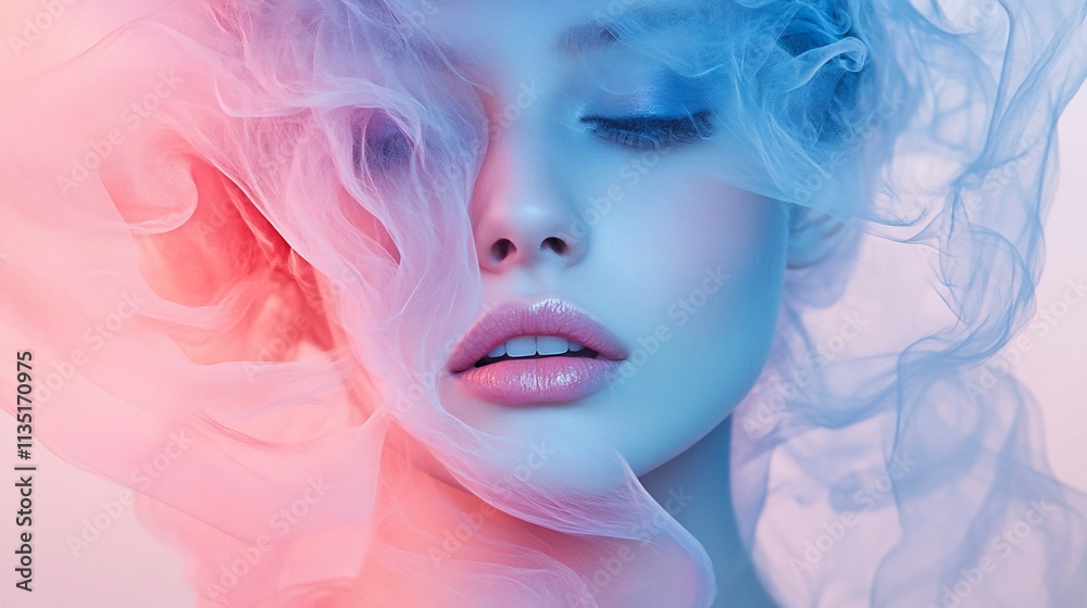 Serene woman's face veiled in colorful smoke. Serene woman's face veiled in colorful smoke.