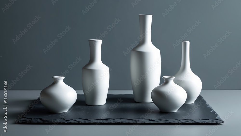 Elegant arrangement of five white ceramic vases on a dark slate surface, showcasing minimalist design and soft lighting for a contemporary aesthetic. Elegant arrangement of five white ceramic vases on a dark slate surface, showcasing minimalist design and soft lighting for a contemporary aesthetic.