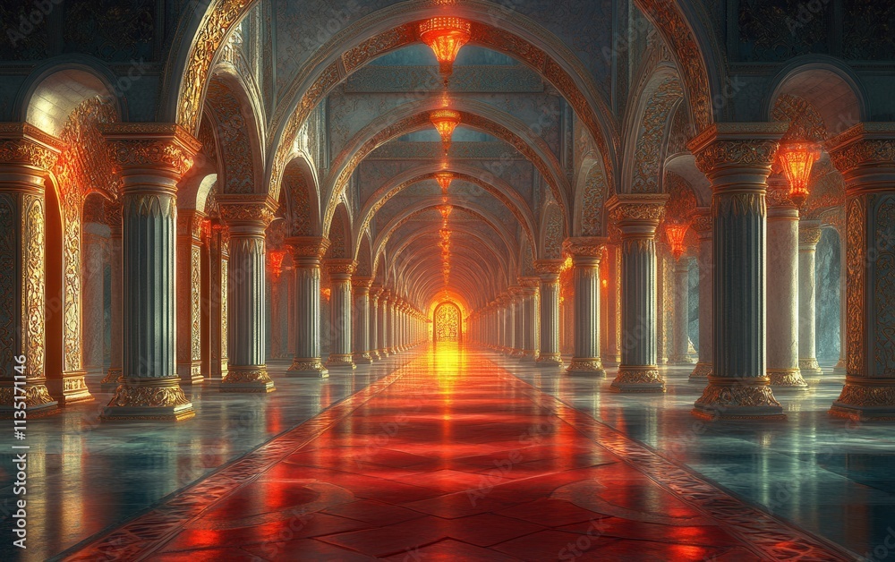 Obraz premium Majestic Hallway of a Fantasy Palace Ornate Columns, Red Carpet, and Golden Accents - 3D Render.