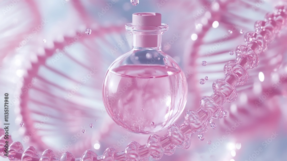 Pink Perfume Bottle with DNA Helix Background Pink Perfume Bottle with DNA Helix Background