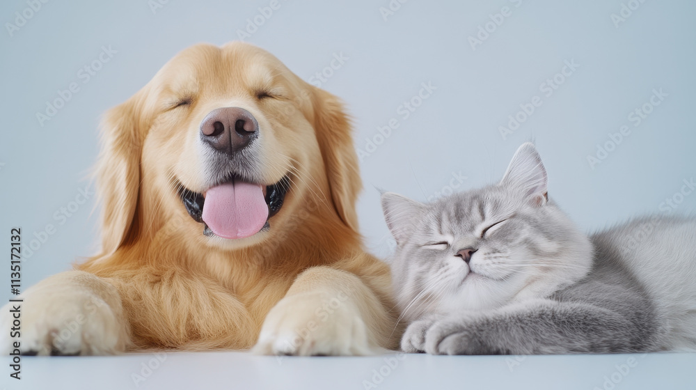 Happy Golden Retriever and Gray Cat Together Happy Golden Retriever and Gray Cat Together