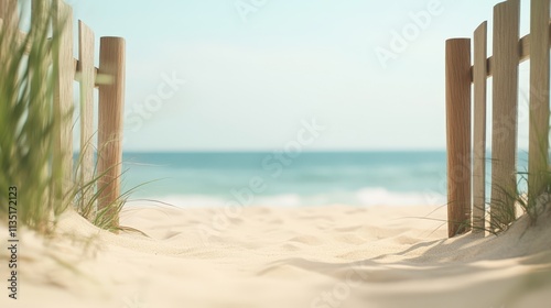 A serene view of a sandy beach path leading to the ocean, framed by wooden posts and grass, Perfect for tourism, relaxation, vacation, and nature-themed projects, Use in brochures or blogs, photo