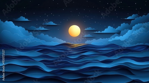 Stylized Nightscape with Full Moon over Ocean Waves and Cloudy Sky in a Paper Cut Art Style.