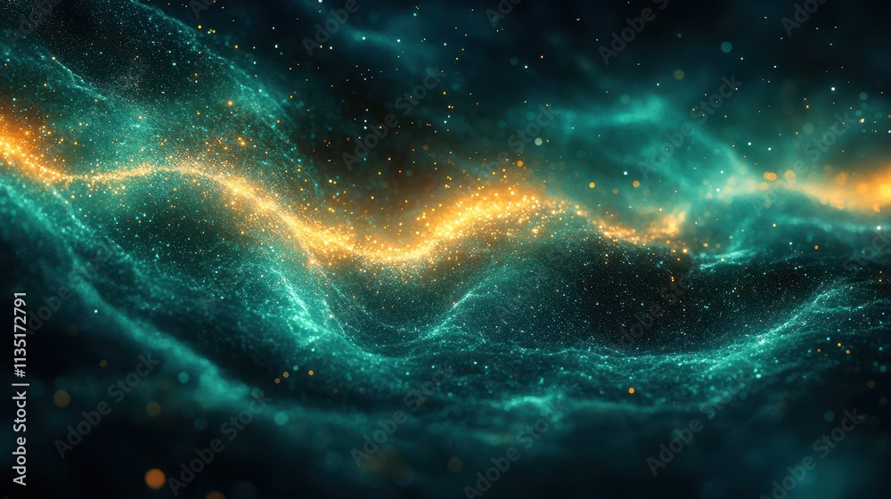 Fototapeta premium Cosmic Energy Flow Abstract Nebula with Golden Sparks and Teal Hues.