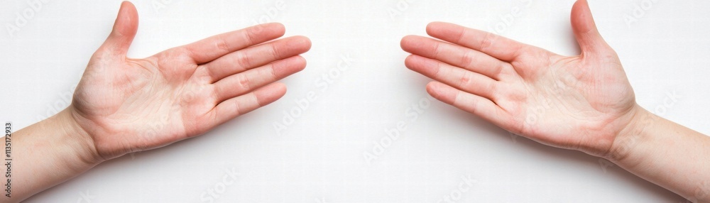 Two open hands are positioned facing each other against a plain white background, symbolizing communication and connection. Two open hands are positioned facing each other against a plain white background, symbolizing communication and connection.