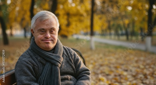 Autumn serenity with mature caucasian male in park setting for inclusive design and representation