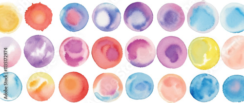 A vibrant collection of multicolor watercolor circles, created with bold brushstrokes, set against a clean white background for a dynamic and expressive artistic design.