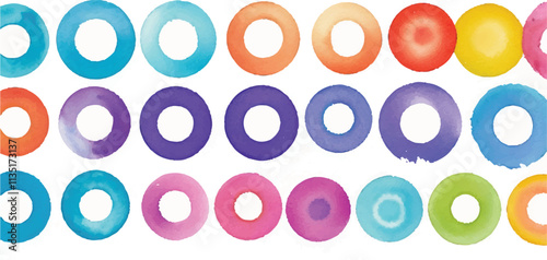 A vibrant collection of multicolor watercolor circles, created with bold brushstrokes, set against a clean white background for a dynamic and expressive artistic design.