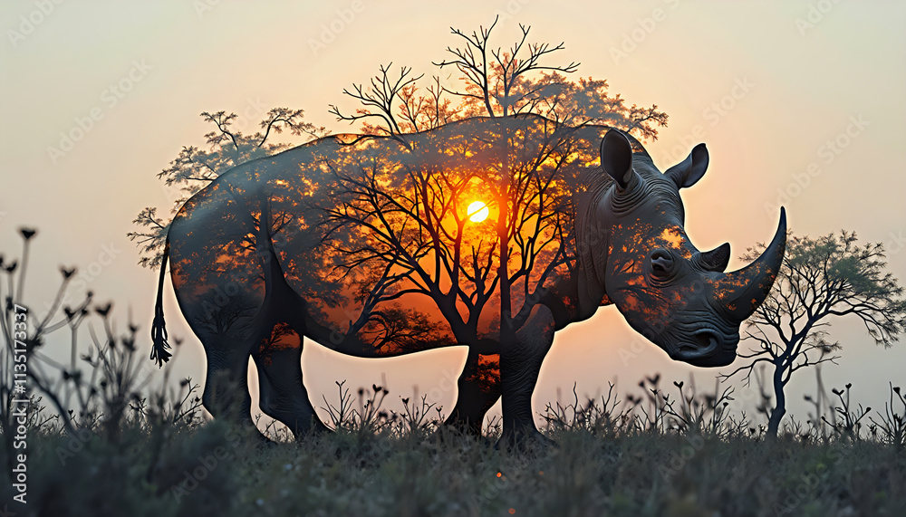 Fototapeta premium a rhinoceros silhouette seamlessly blended with a vivid African forest sunrise
