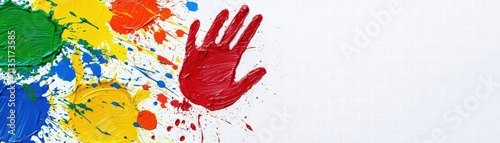 A vibrant splash of colors with a prominent red handprint against a white background, showcasing creativity and artistic expression. photo