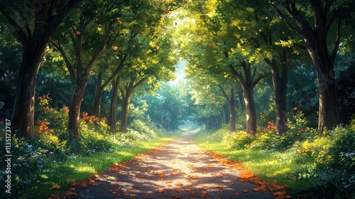 Wallpaper Mural Enchanting Forest Path with Sunlight and Autumn Leaves, Digital Painting Style. Torontodigital.ca