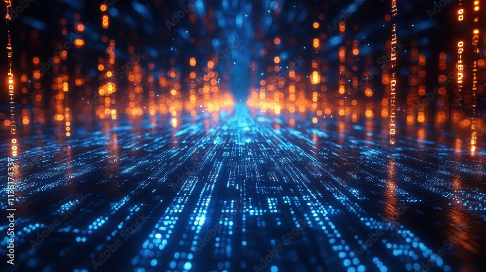 Abstract Digital Data Stream Visualization with Blue and Orange Lights. Abstract Digital Data Stream Visualization with Blue and Orange Lights.