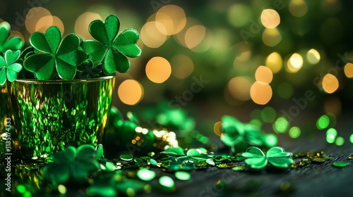 A cultural and festive scene for St. Patrick's Day with shamrocks, leprechauns, and festive green decorations against a lively and celebratory background photo