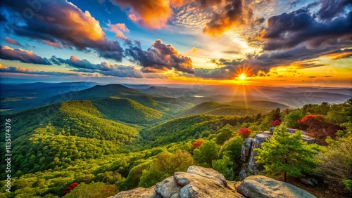 Stunning Landscape Photography of Cheaha Overlook at Sunset, Capturing Majestic Views of the Appalachian Mountains and Lush Green Forests in Alabama, Perfect for Nature Lovers photo