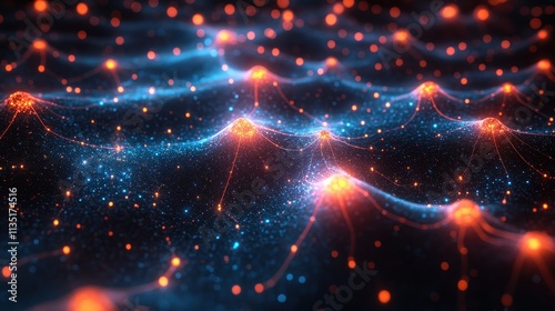 Abstract Glowing Network of Connected Nodes with Blue and Red Lights on Dark Background, Digital Illustration.