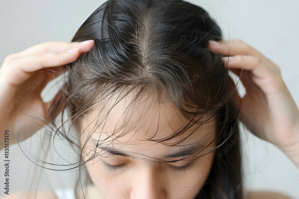 Naklejka premium Close-Up of a Young Woman Examining Her Hair and Scalp