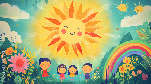Colorful happy children's day card with sun, rainbow, and kids. Parhelion. Illustration