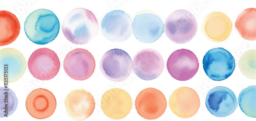 A vibrant collection of multicolor watercolor circles, created with bold brushstrokes, set against a clean white background for a dynamic and expressive artistic design.