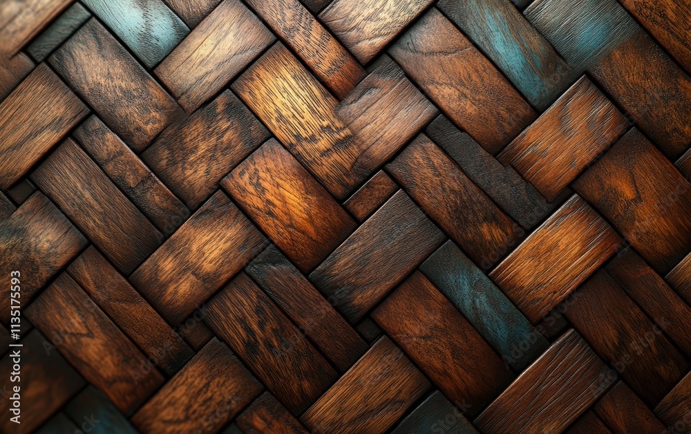 Intricate Weave of Dark Wood Planks with Teal Accents, Textured Wooden Background. Intricate Weave of Dark Wood Planks with Teal Accents, Textured Wooden Background.