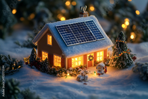 Christmas charm collection featuring snow-dusted solar panels and the cozy glow of a home during the holiday season