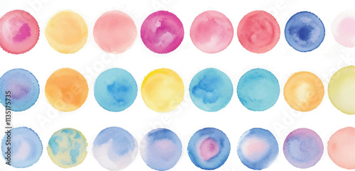 A vibrant collection of multicolor watercolor circles, created with bold brushstrokes, set against a clean white background for a dynamic and expressive artistic design.