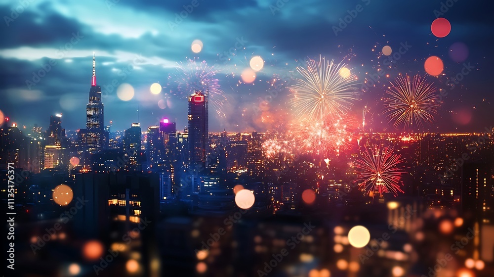 Fototapeta premium City rooftop new year celebrations Abstract Background With Defocused Bokeh Lights, panoramic skyline views and fireworks lighting up the night