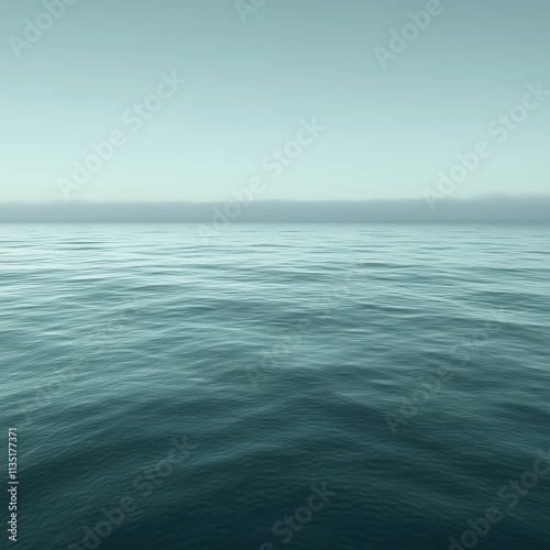 Calm Teal Ocean Horizon with Misty Fog Bank, Serene Seascape.