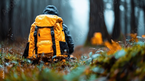 Adventurer Trekking Through Rugged Wilderness with Backpack in Lush Green Forest