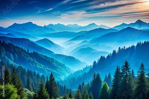 Stunning Nature Landscape Featuring Blue Silhouettes of Majestic Mountains and Lush Forests in Left Position with Ample Copy Space for Creative Use
