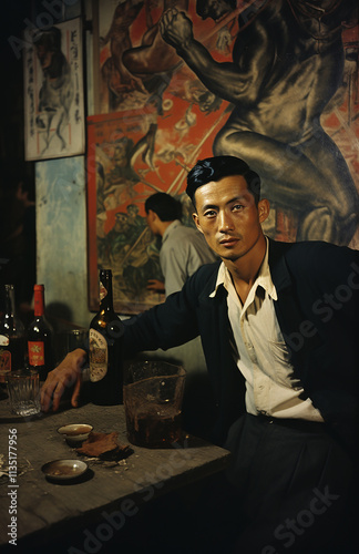 Photo from 1920, portrait of a man sitting at a table in a bar, Soviet socialist realism. photo