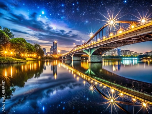 Stunning Night Photography of a Majestic Bridge Illuminated Over a Serene River, Capturing Reflections and the Beauty of Urban Landscapes Under Starry Skies