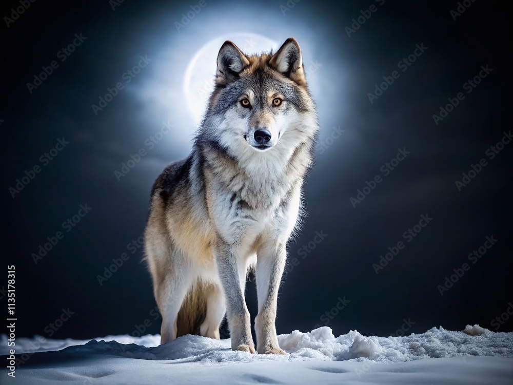 Obraz premium Stunning Night Photography of a Majestic Wolf Isolated on a White Background, Capturing the Mystique and Beauty of this Elusive Creature in the Moonlight