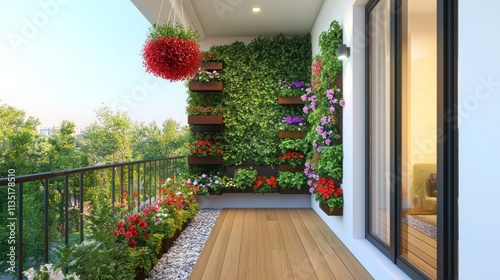 Fototapeta Naklejka Na Ścianę i Meble -  Lush green vertical garden on a modern balcony with wooden flooring and blooming flowers.