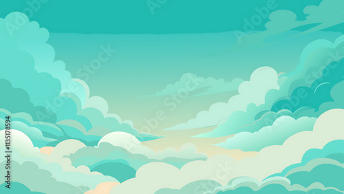 A stylized illustration of a serene sky filled with fluffy, tealcolored clouds. photo