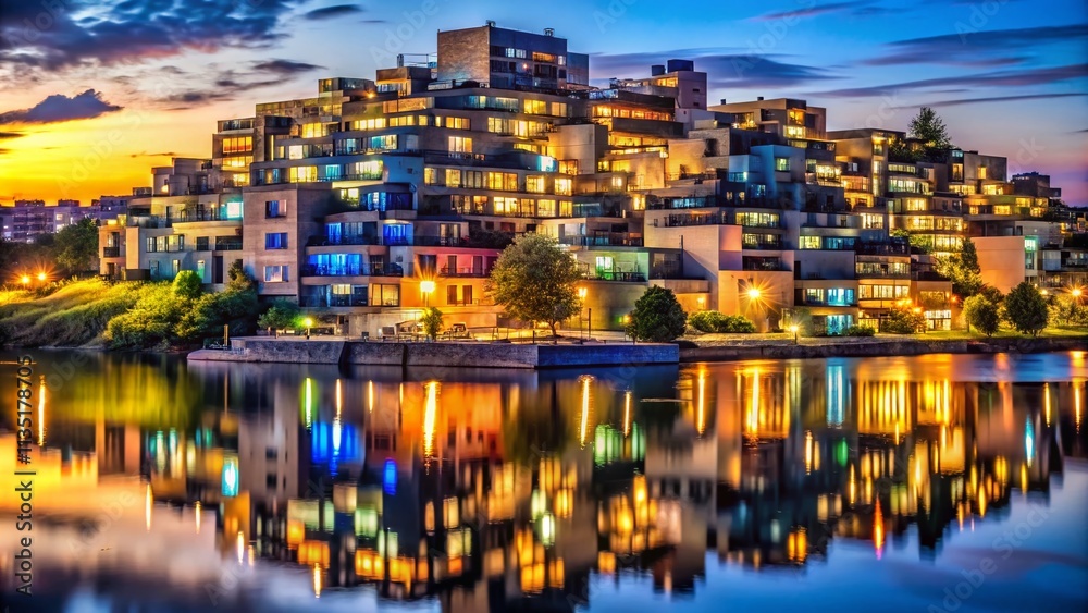 Obraz premium Stunning Night Photography of Habitat 67 Housing Complex Showcasing Unique Architecture and Urban Landscape Illuminated by City Lights in Montreal