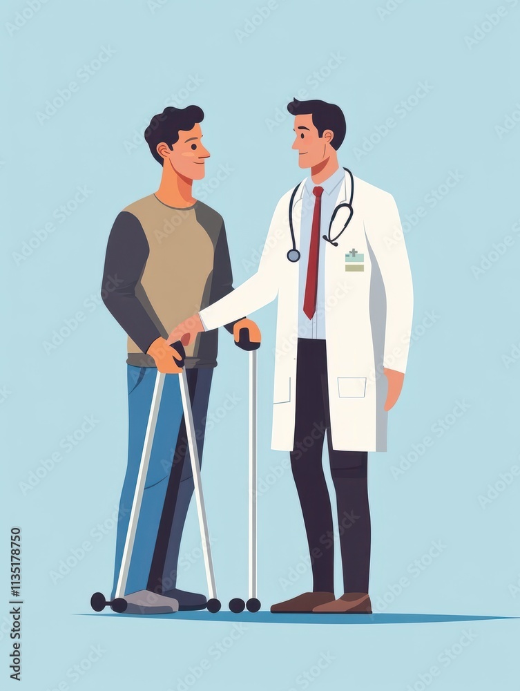 An injured man in crutches assisted by a doctor. Safety concept. Contemporary style with pastel palette, soft blue tinted background. flat design illustrations. Horizontal layout with text space in An injured man in crutches assisted by a doctor. Safety concept. Contemporary style with pastel palette, soft blue tinted background. flat design illustrations. Horizontal layout with text space in