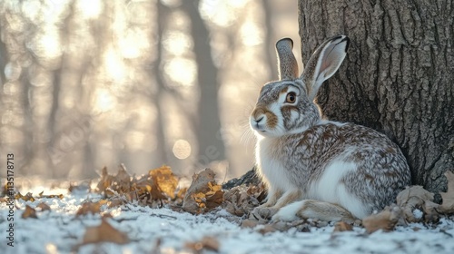 Snowshoe hare under willow in snowy forest peaceful scene photo