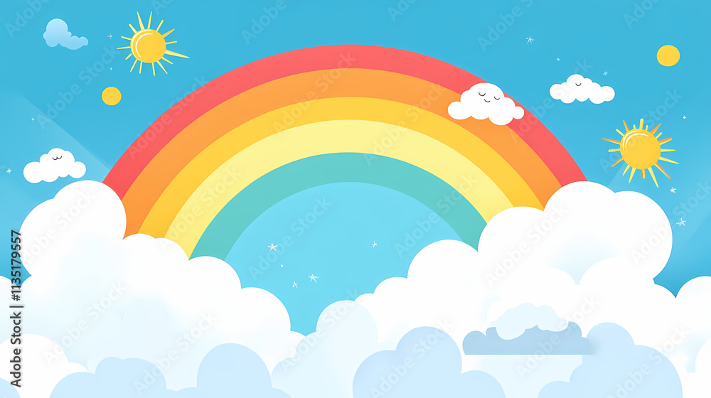 Blue sky with clouds, sun and rainbow , sky, clouds, sun, rainbow, nature, weather, colorful, bright, clear, outdoor, sunny. Parhelion. Illustration Blue sky with clouds, sun and rainbow , sky, clouds, sun, rainbow, nature, weather, colorful, bright, clear, outdoor, sunny. Parhelion. Illustration