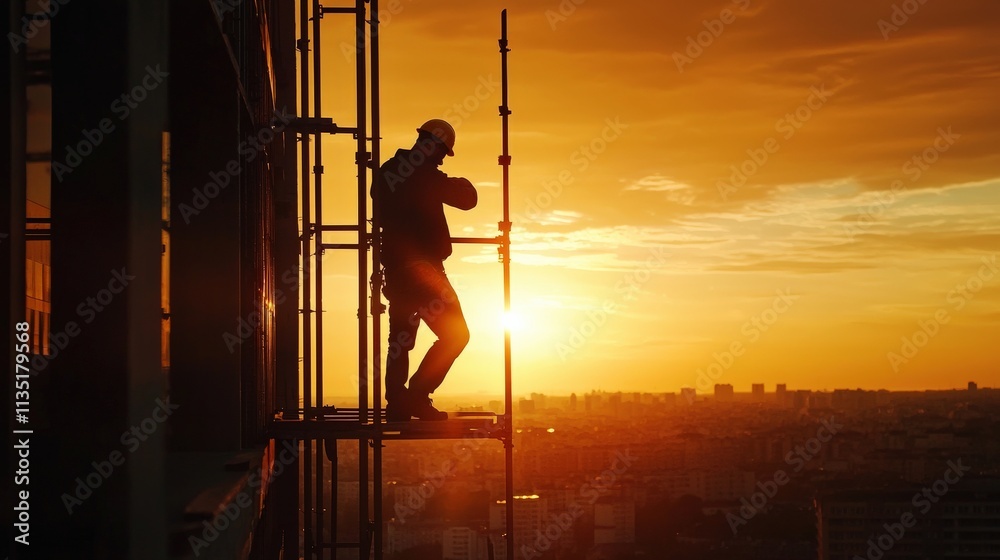 Silhouette of a construction worker standing on a scaffold against a bright orange sunset Silhouette of a construction worker standing on a scaffold against a bright orange sunset