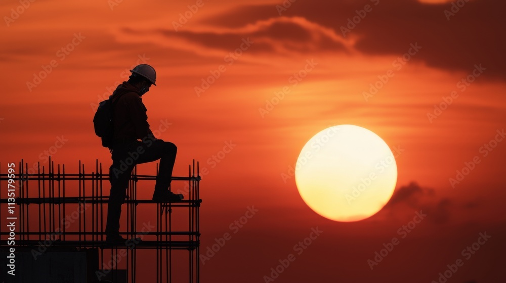 Obraz premium Silhouette of a construction worker standing on a scaffold against a bright orange sunset