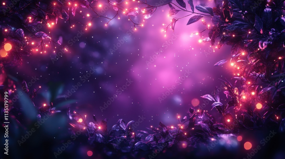 Enchanted Night Garden Twinkling Fairy Lights and Violet Foliage on a Dreamy Background. Enchanted Night Garden Twinkling Fairy Lights and Violet Foliage on a Dreamy Background.