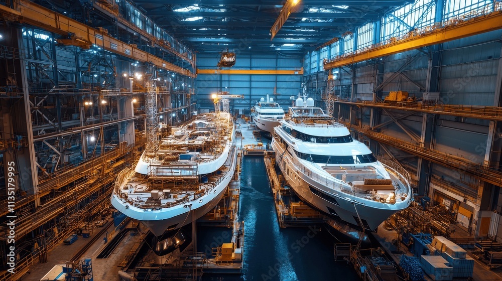 Obraz premium Large yachts under construction in a brightly lit shipyard with vibrant blue highlights,